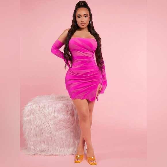 Off Shoulder Split Thigh Ruched Bodycon Dress - Picture 6 of 8